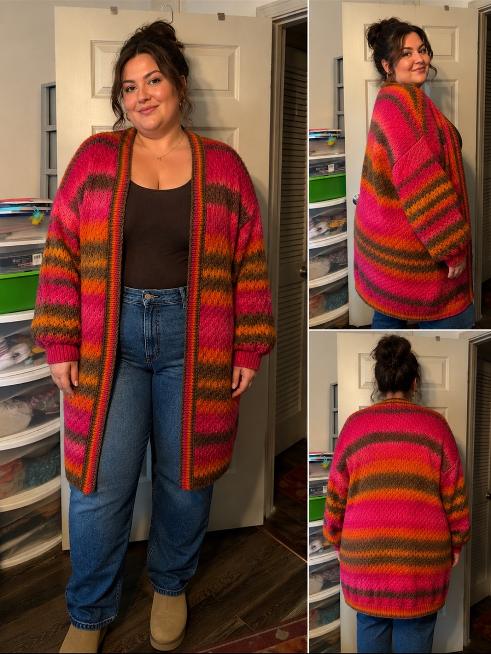 Vince Camuto Striped Open-Front Knit Cardigan in Pink, Orange & Brown